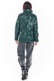 Back view of Zavielle Quilted Jacket with stand collar, shown in dark green. Features quilted design and glossy finish for warmth and style.