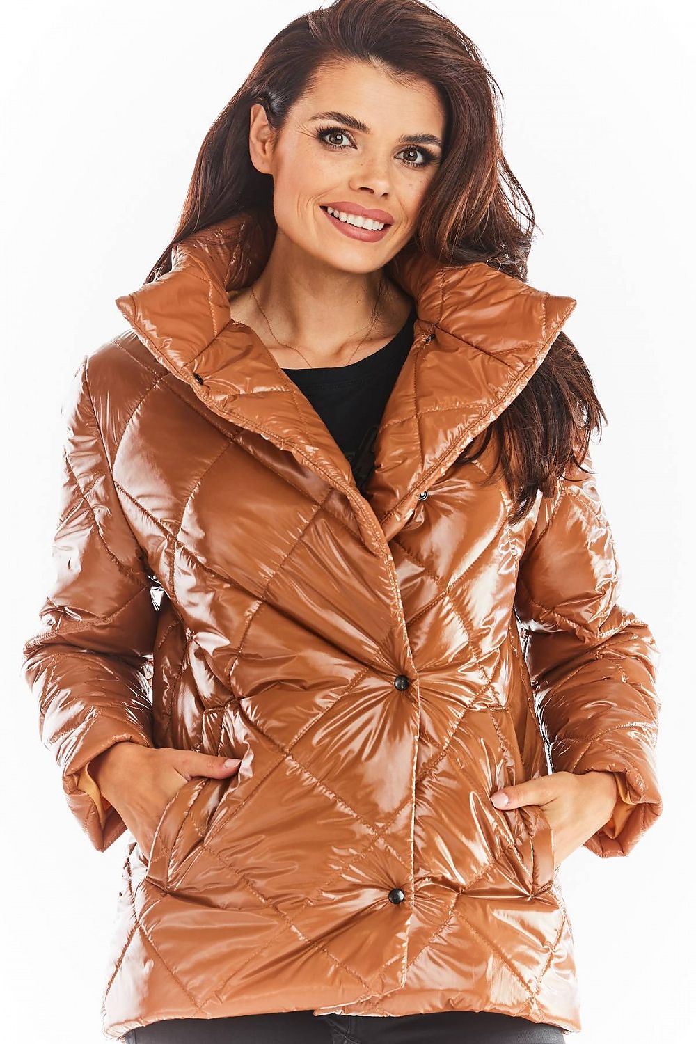 Woman wearing Zavielle Quilted Jacket with stand collar, showcasing a warm and stylish design in brown color.