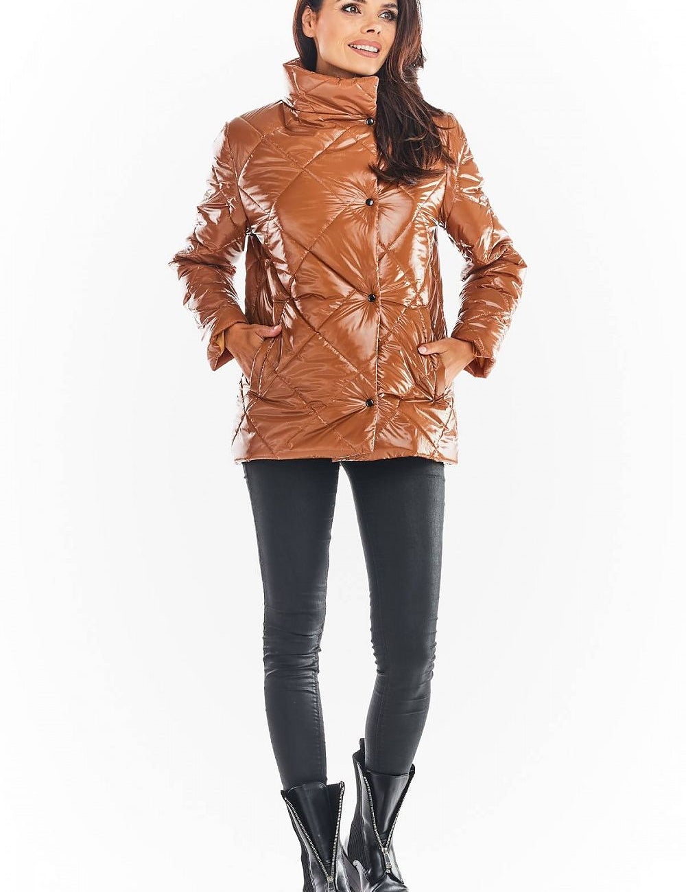 Woman wearing Zavielle Quilted Jacket with stand collar, brown color, front buttons, pockets, styled for transitional weather.