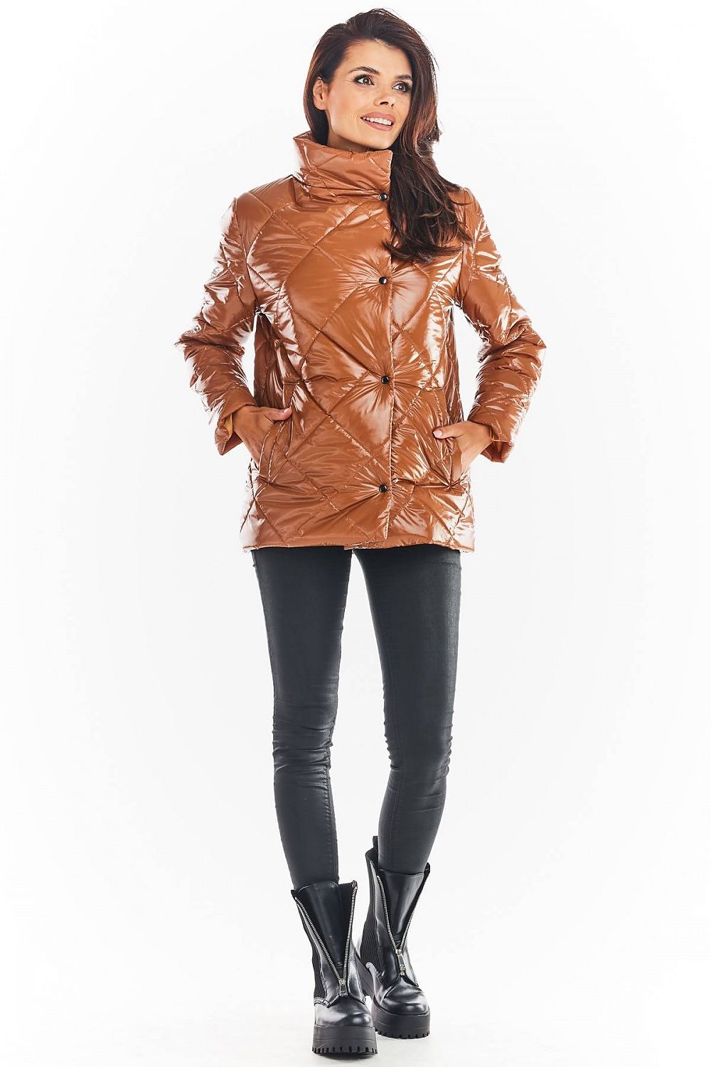 Woman wearing Zavielle Quilted Jacket with stand collar, brown color, front buttons, pockets, styled for transitional weather.