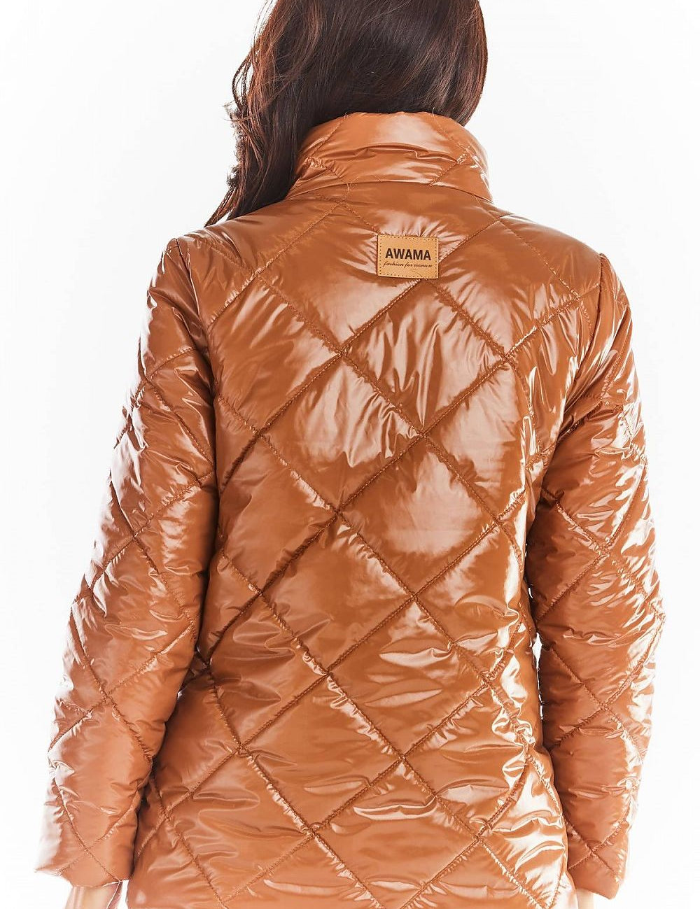 Back view of a brown quilted jacket with stand collar featuring a modern diamond pattern design, perfect for warmth and style.