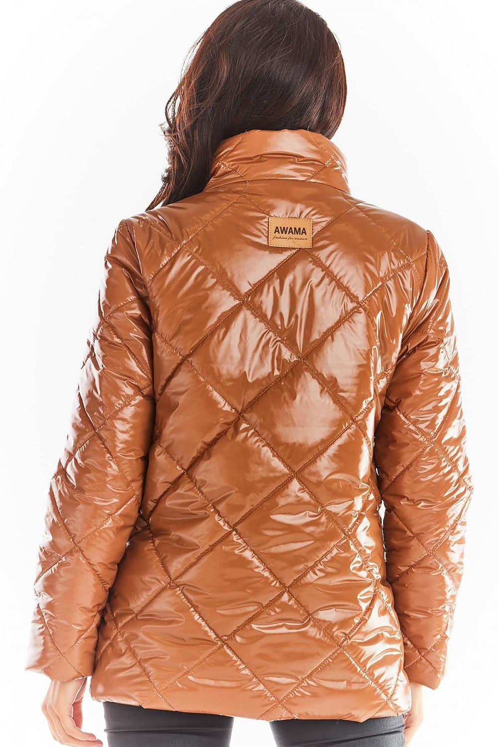 Back view of a brown quilted jacket with stand collar featuring a modern diamond pattern design, perfect for warmth and style.