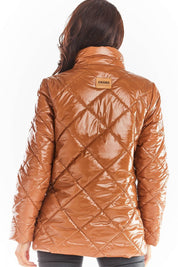 Back view of a brown quilted jacket with stand collar featuring a modern diamond pattern design, perfect for warmth and style.