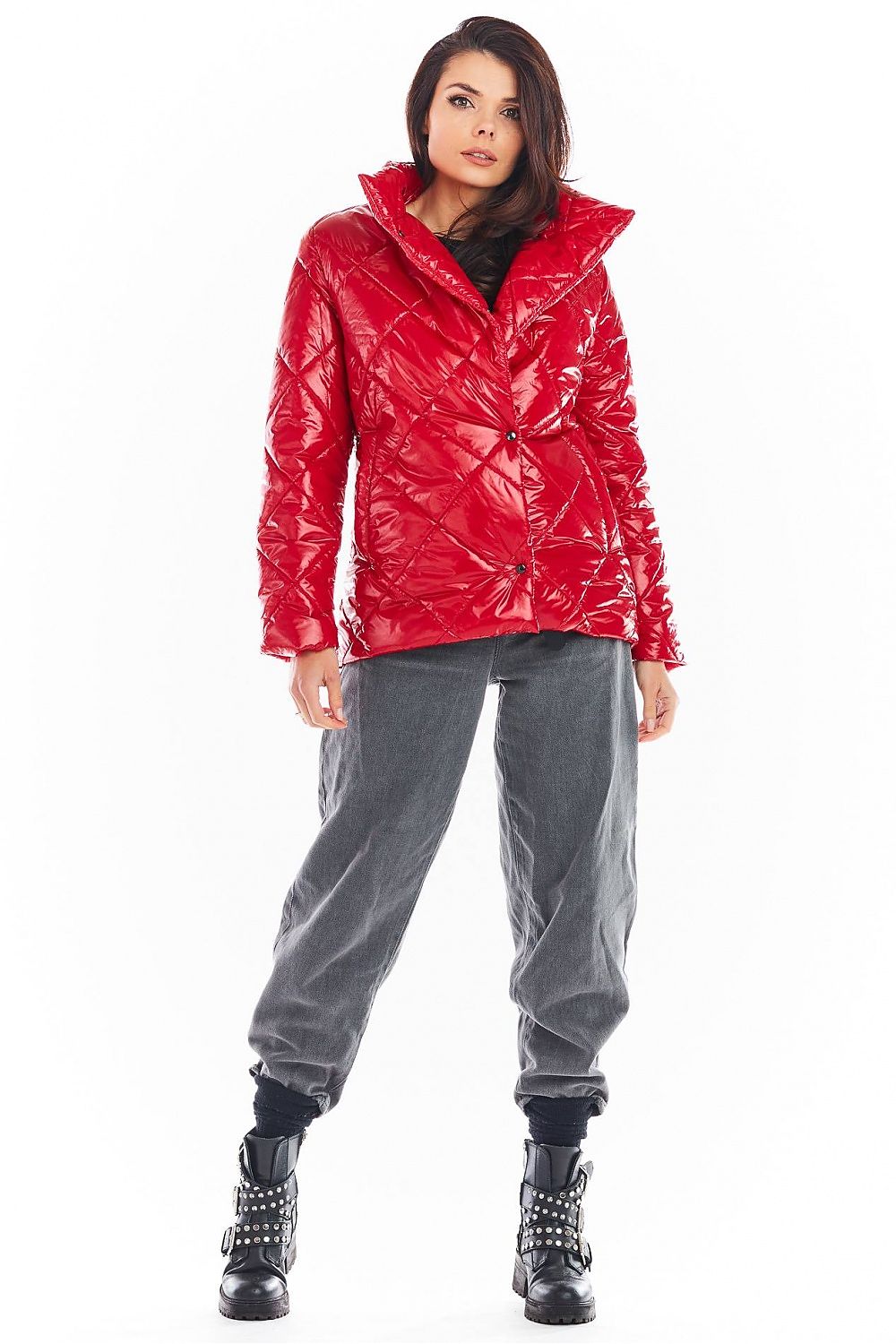 Model wearing red Zavielle quilted jacket with stand collar for warmth and versatility