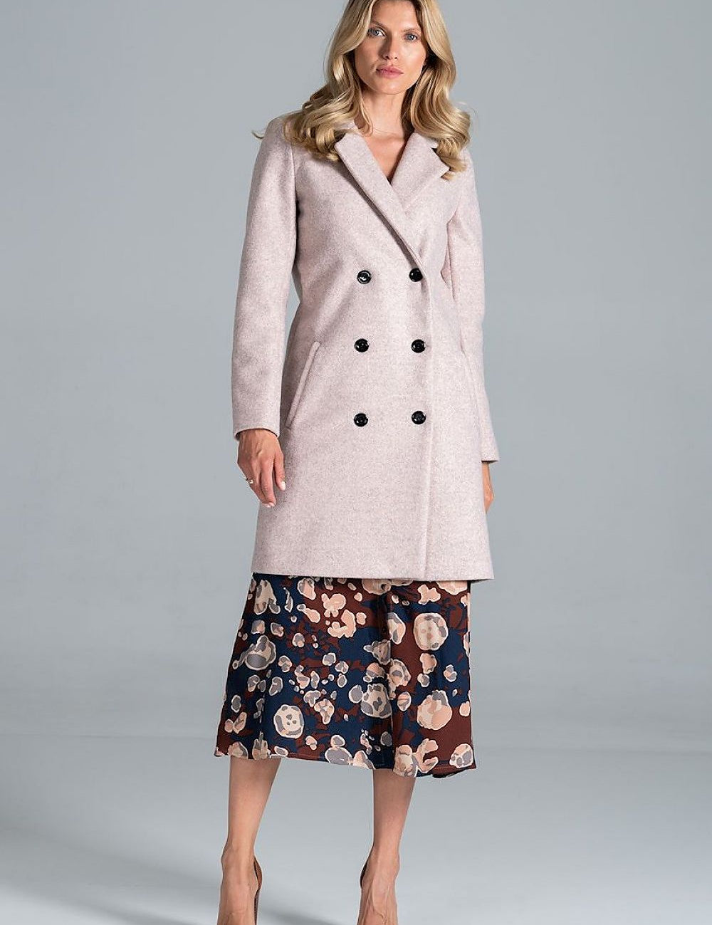 Model wearing Loryndra Belted Knee-Length Autumn Coat with structured collar and six-button front in a formal look.