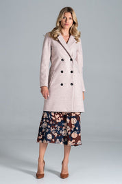 Model wearing Loryndra Belted Knee-Length Autumn Coat with structured collar and six-button front in a formal look.
