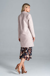 Model wearing Loryndra Belted Knee-Length Autumn Coat in light pink, showing back view with a structured collar and slant pockets.