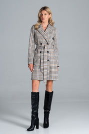 Model wearing Loryndra Belted Knee-Length Autumn Coat with structured collar and matching belt, paired with black knee-high boots.