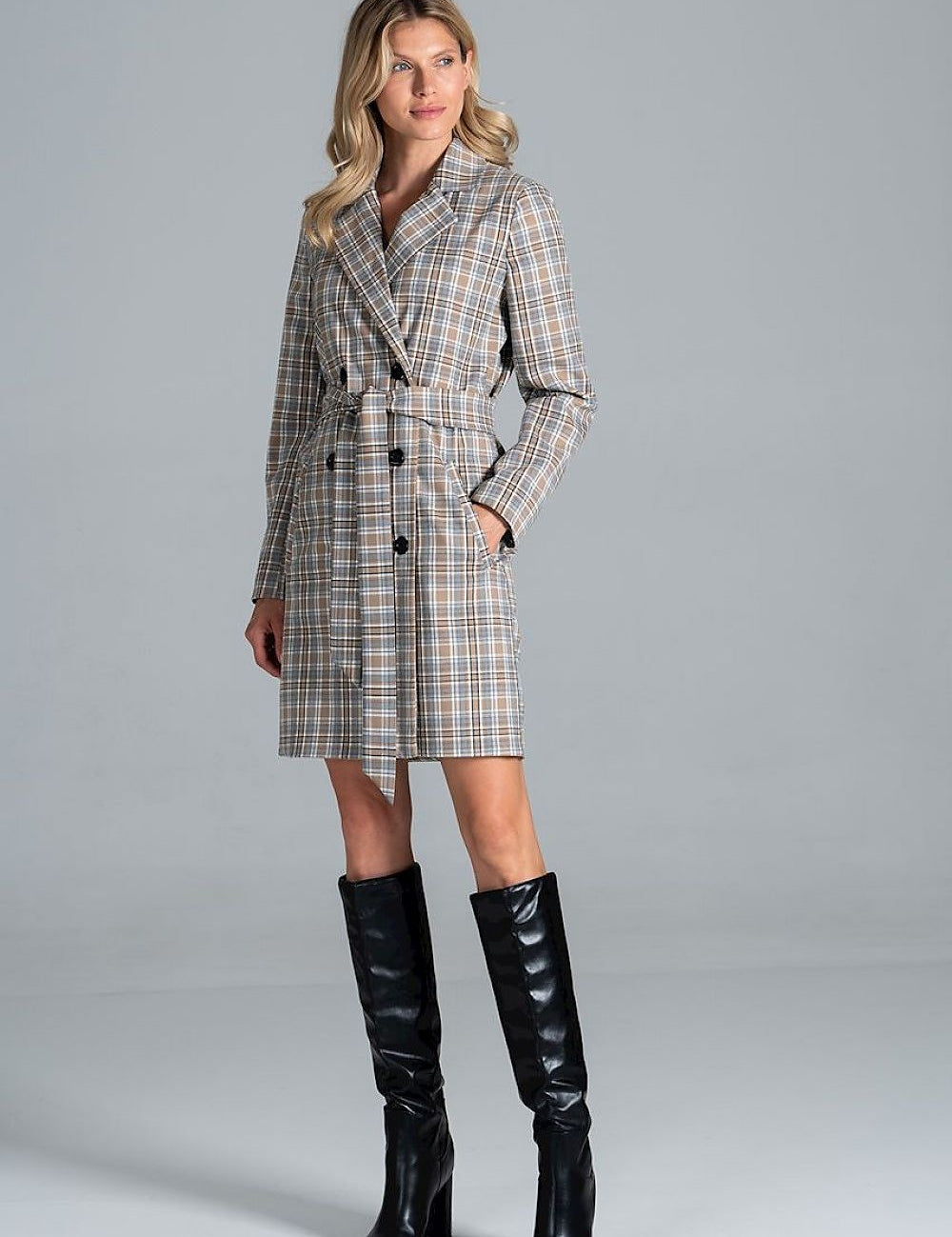 Loryndra Belted Knee-Length Autumn Coat with structured collar and six-button front, perfect for casual or formal looks.