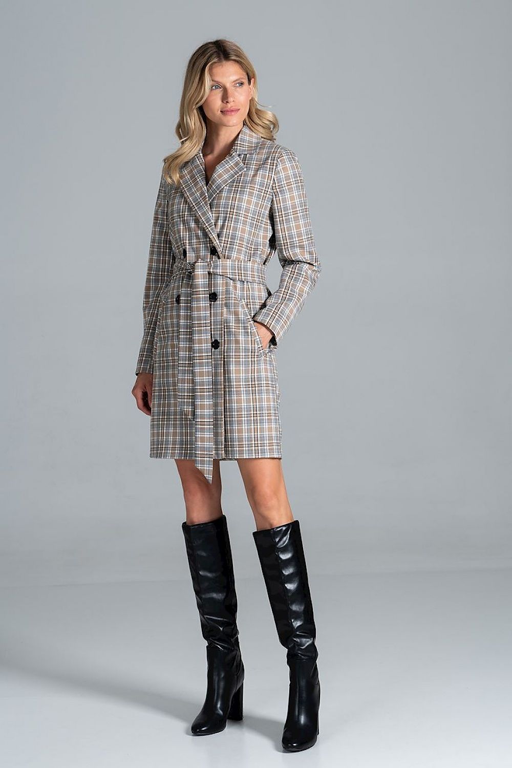 Loryndra Belted Knee-Length Autumn Coat with structured collar and six-button front, perfect for casual or formal looks.