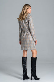 Woman wearing Loryndra Belted Knee-Length Autumn Coat with plaid pattern, back view showing structured fit and matching belt