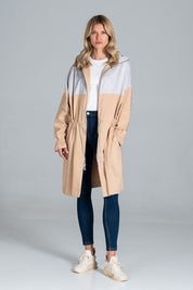 Woman wearing Ardevine Two-Tone Autumn Parka Coat with drawstring waist, partial zip, and elasticated sleeves, ideal for cool autumn days.