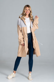 Woman wearing Ardevine Two-Tone Autumn Parka Coat with drawstring waist and elasticated sleeves, ideal for crisp autumn days.