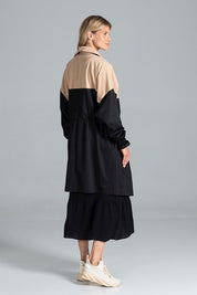 Ardevine two-tone autumn parka coat in beige and black, featuring a relaxed fit, classic collar, and drawstring waist for adjustable fit.