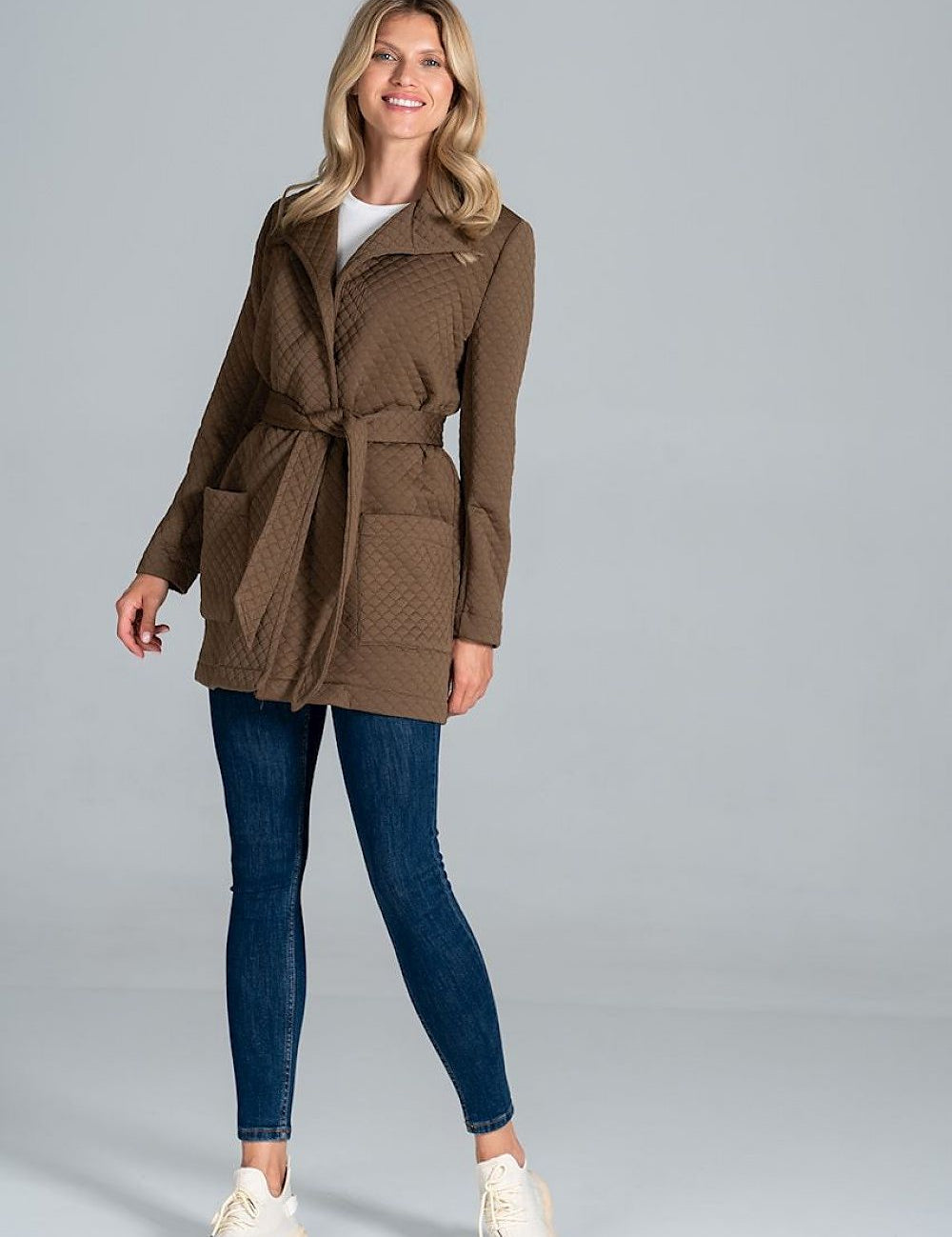 Dervelle Short Quilted Belted Coat, worn, showcasing classic collar and front patch pockets, ideal for transitional layering.