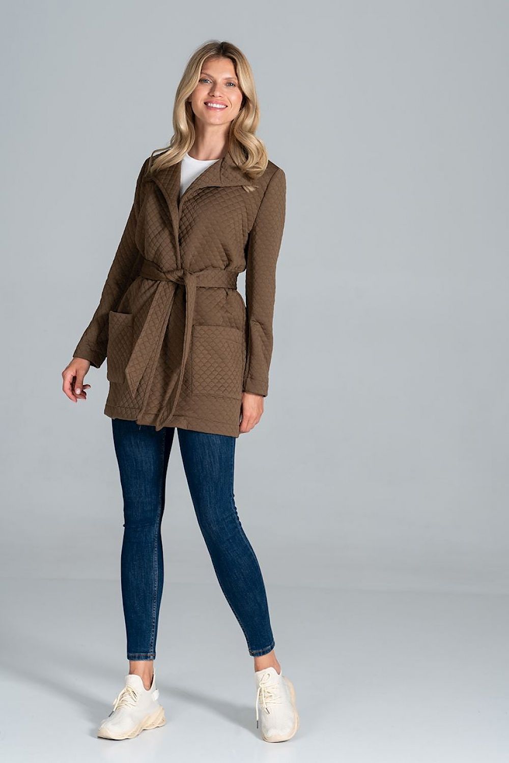 Dervelle Short Quilted Belted Coat, worn, showcasing classic collar and front patch pockets, ideal for transitional layering.