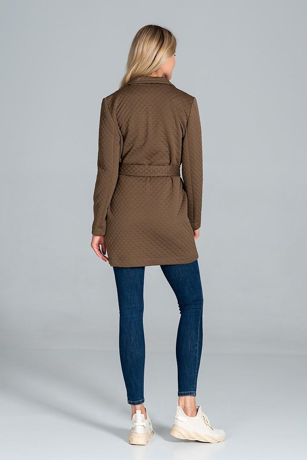 Back view of a woman wearing a Dervelle Short Quilted Belted Coat, showcasing its quilted design and self-tie belt.