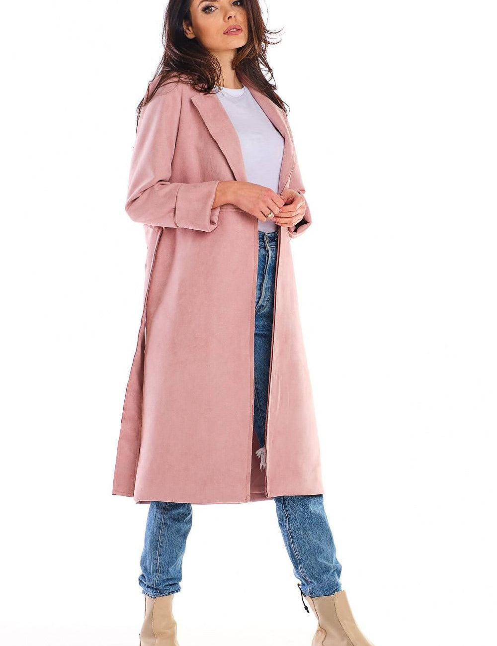 Sylverine suede-effect belted dressing gown coat in pink, styled with jeans and boots, showcasing its relaxed, elegant drape.