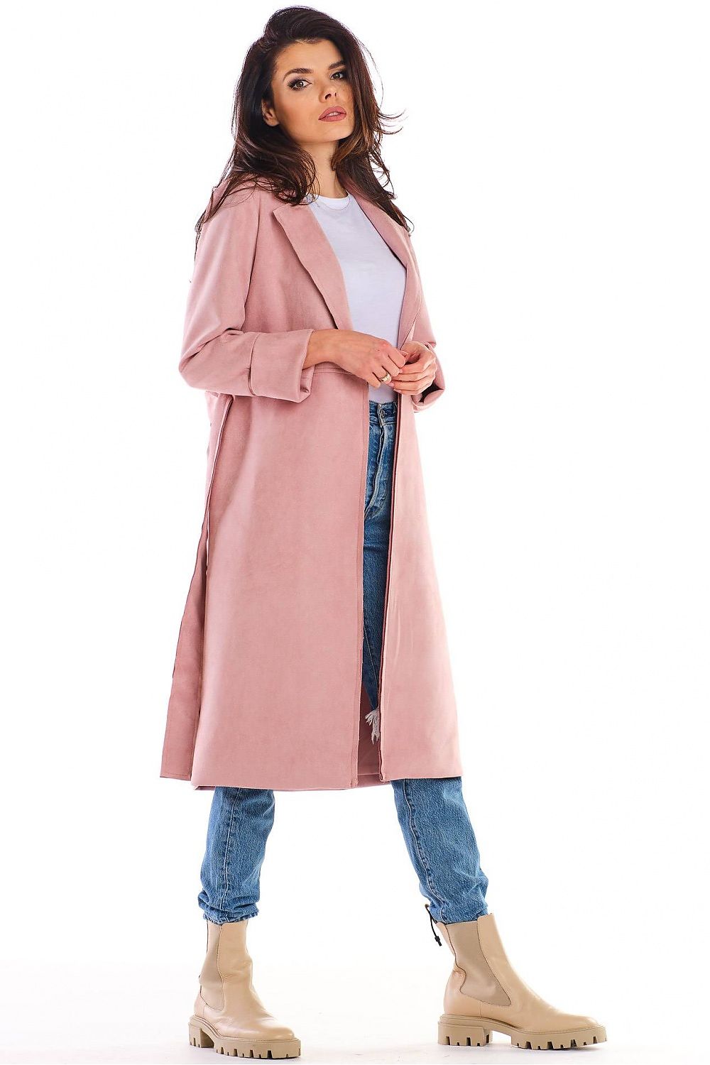 Sylverine suede-effect belted dressing gown coat in pink, styled with jeans and boots, showcasing its relaxed, elegant drape.