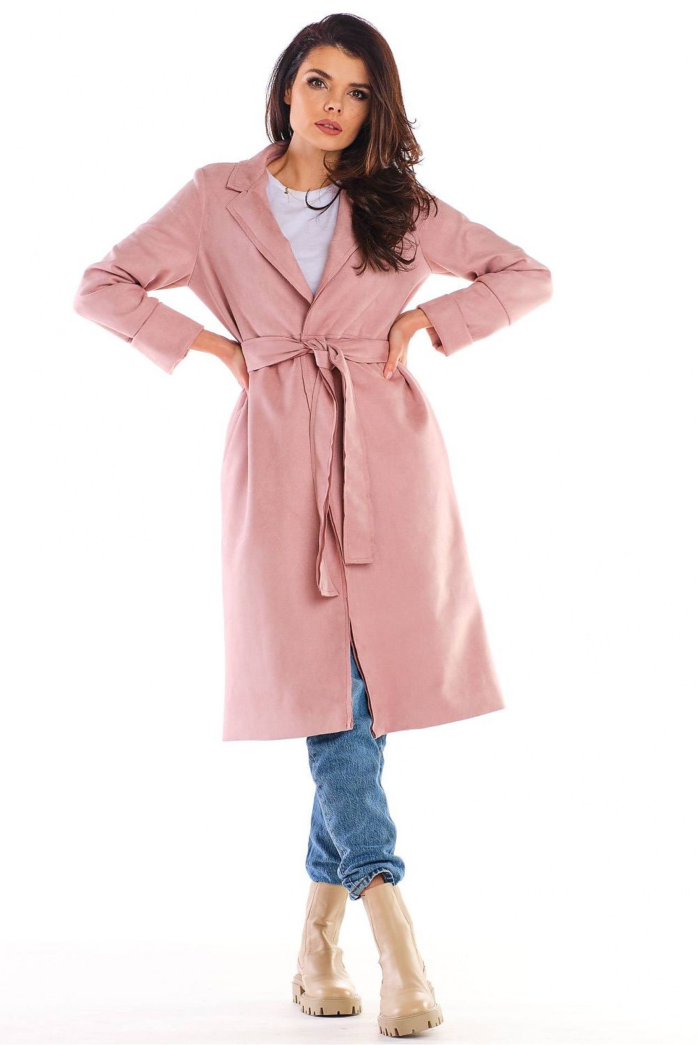 Woman wearing Sylverine Suede Belted Dressing Gown Coat, showcasing a stylish pink draped design perfect for versatile wear.