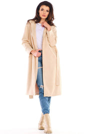 Woman wearing Sylverine suede belted dressing gown coat with jeans, showcasing elegant and versatile fashion for day or evening.