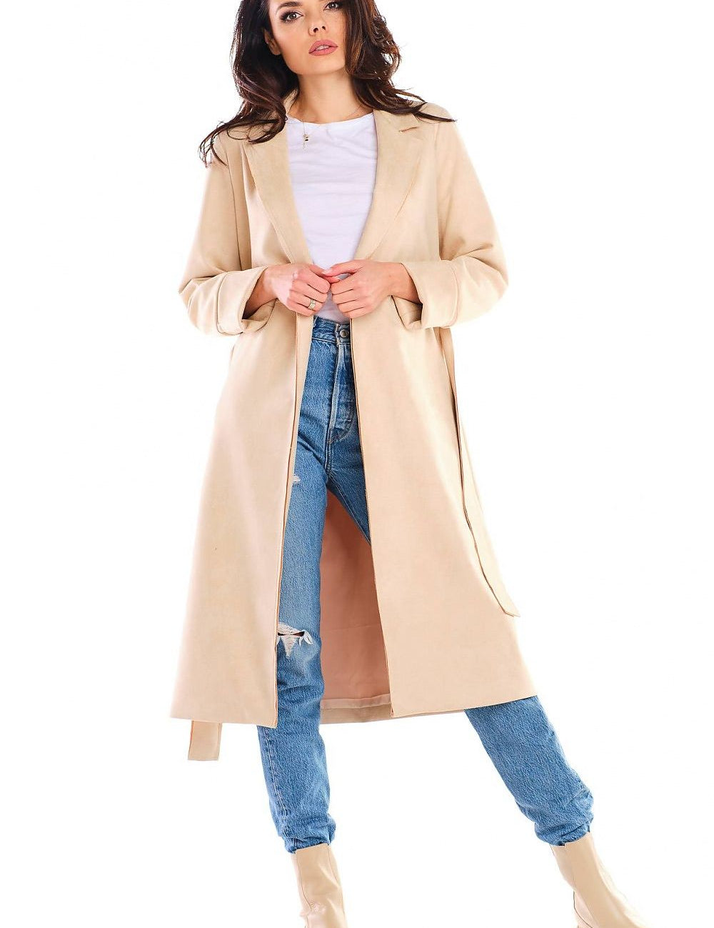 Woman wearing Sylverine Suede Belted Dressing Gown Coat, casual jeans and boots, showcasing versatile elegance and relaxed silhouette.