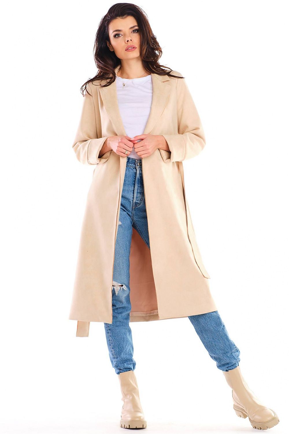 Woman wearing Sylverine Suede Belted Dressing Gown Coat, casual jeans and boots, showcasing versatile elegance and relaxed silhouette.