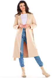 Woman wearing Sylverine Suede Belted Dressing Gown Coat, casual jeans and boots, showcasing versatile elegance and relaxed silhouette.