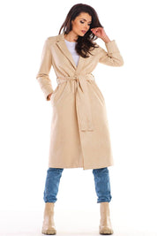 Woman wearing Sylverine Suede Belted Dressing Gown Coat with jeans and boots, showcasing elegant and versatile style.