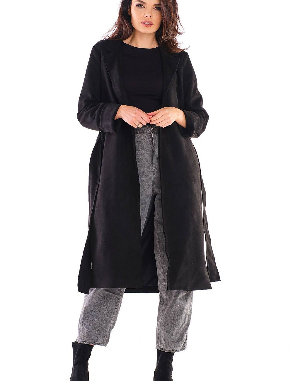 Model wearing Sylverine Suede Belted Dressing Gown Coat, illustrating its elegant drape and versatile style for day or evening wear.
