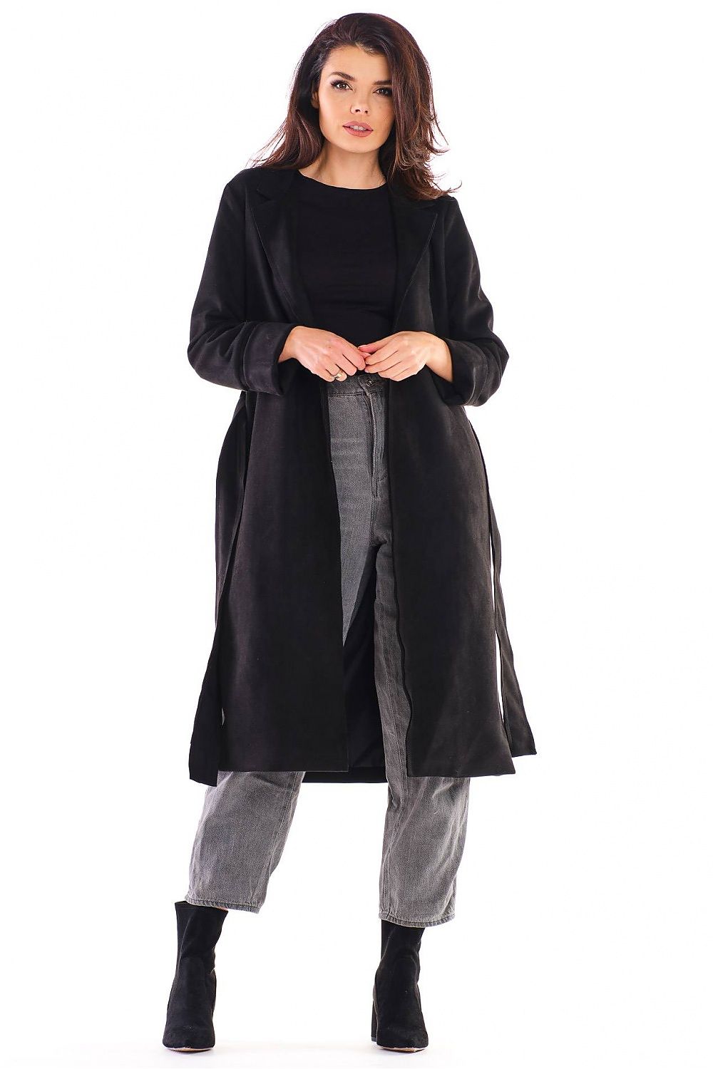 Model wearing Sylverine Suede Belted Dressing Gown Coat, illustrating its elegant drape and versatile style for day or evening wear.
