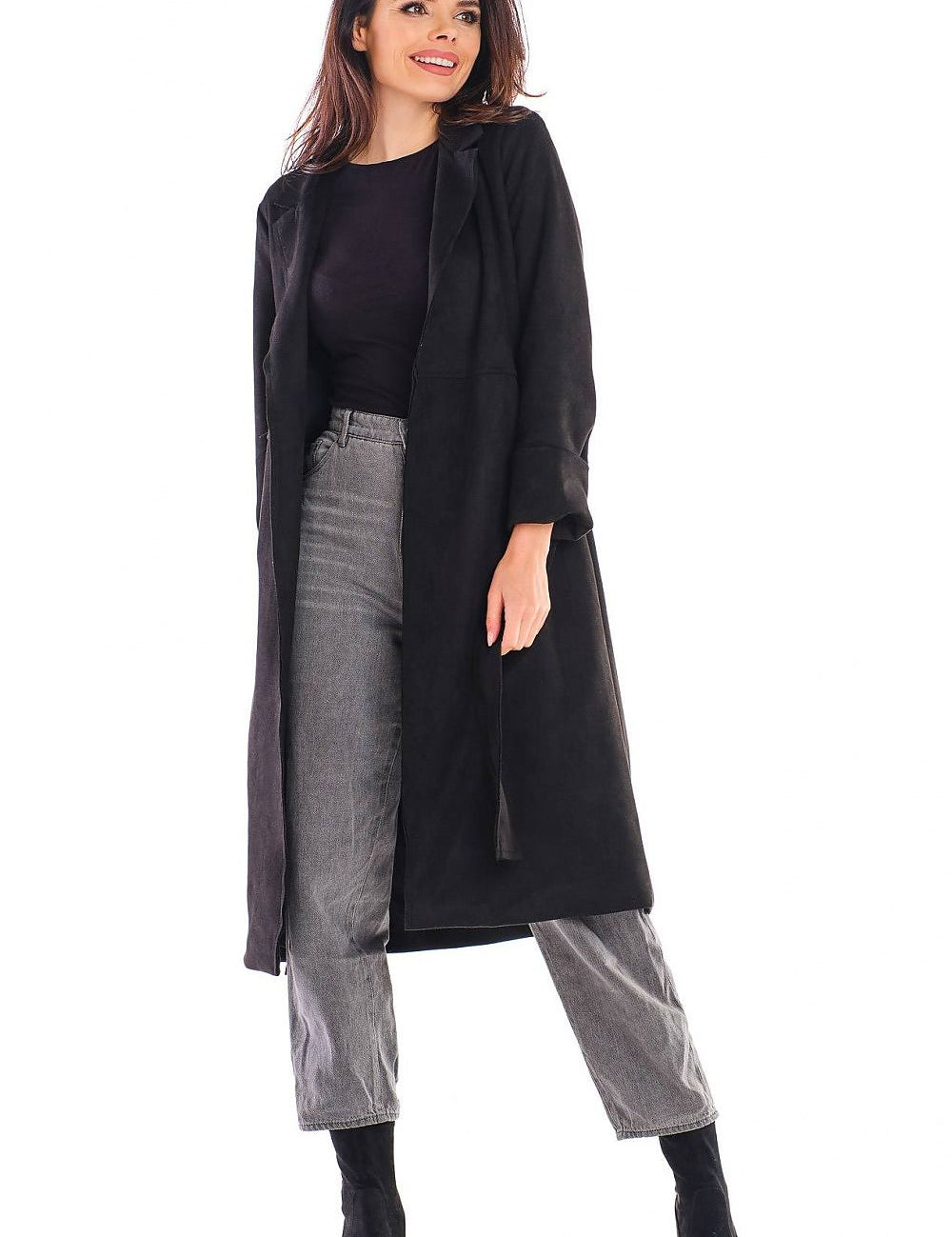 Model wearing Sylverine Suede Belted Dressing Gown Coat in black, showcasing elegant drape and versatile style for day or evening.