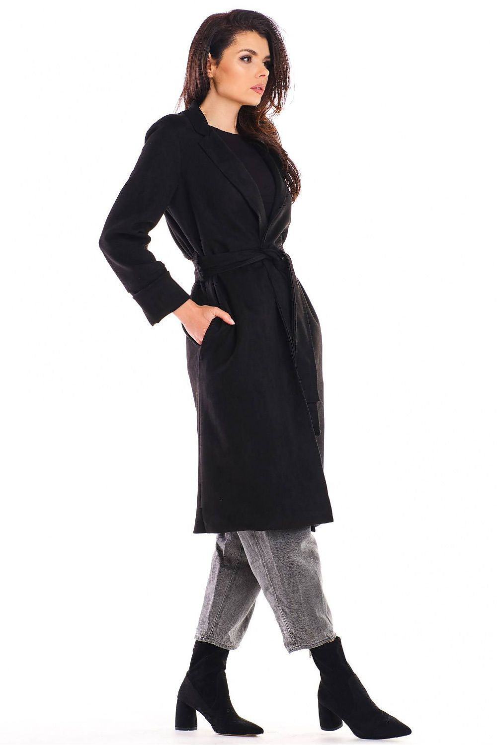 Model wearing Sylverine Suede Belted Dressing Gown Coat with draped silhouette and waist belt, perfect for elegant and casual looks.