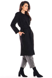 Model wearing Sylverine Suede Belted Dressing Gown Coat with draped silhouette and waist belt, perfect for elegant and casual looks.