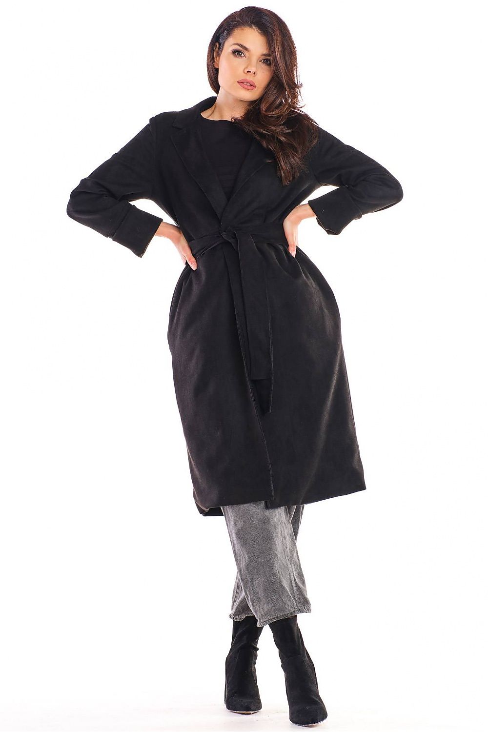 Model wearing Sylverine Suede Belted Dressing Gown Coat, showcasing its elegant drape and waist-defining belt, perfect for versatile styling.