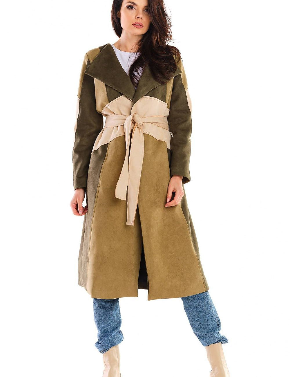 Auralenne long suede-effect belted coat in autumn tones, worn by a model, perfect for versatile, elegant autumn and winter style.
