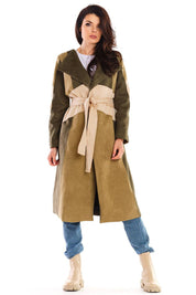 Auralenne long suede-effect belted coat in autumn tones, worn by a model, perfect for versatile, elegant autumn and winter style.