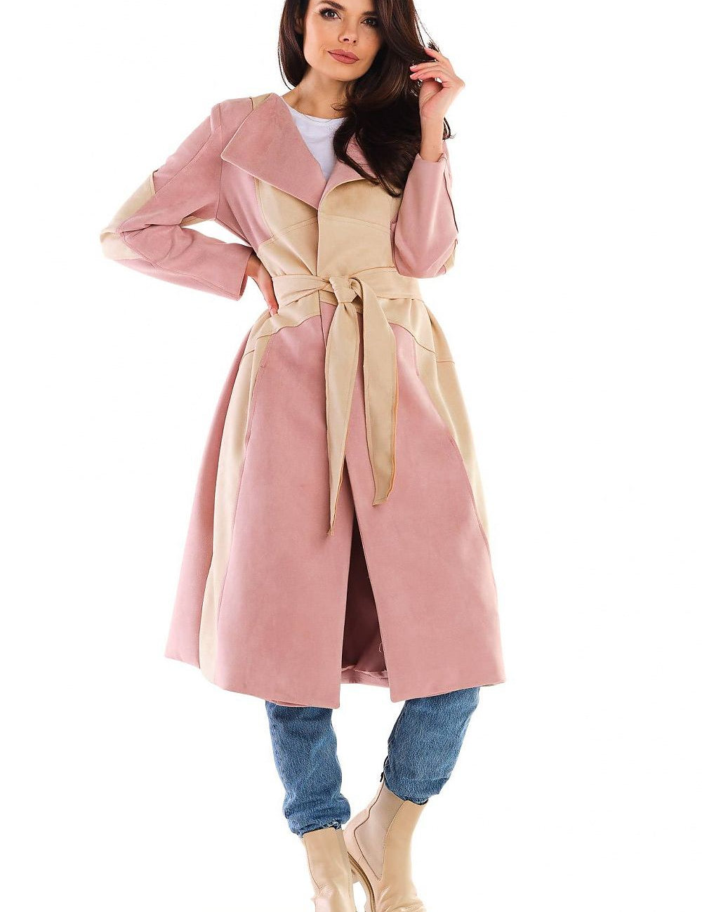 Auralenne long suede belted coat in warm autumn tones, shown on model, highlighting flattering fit and elegant silhouette for versatile style.