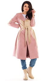 Auralenne long suede belted coat in warm autumn tones, shown on model, highlighting flattering fit and elegant silhouette for versatile style.