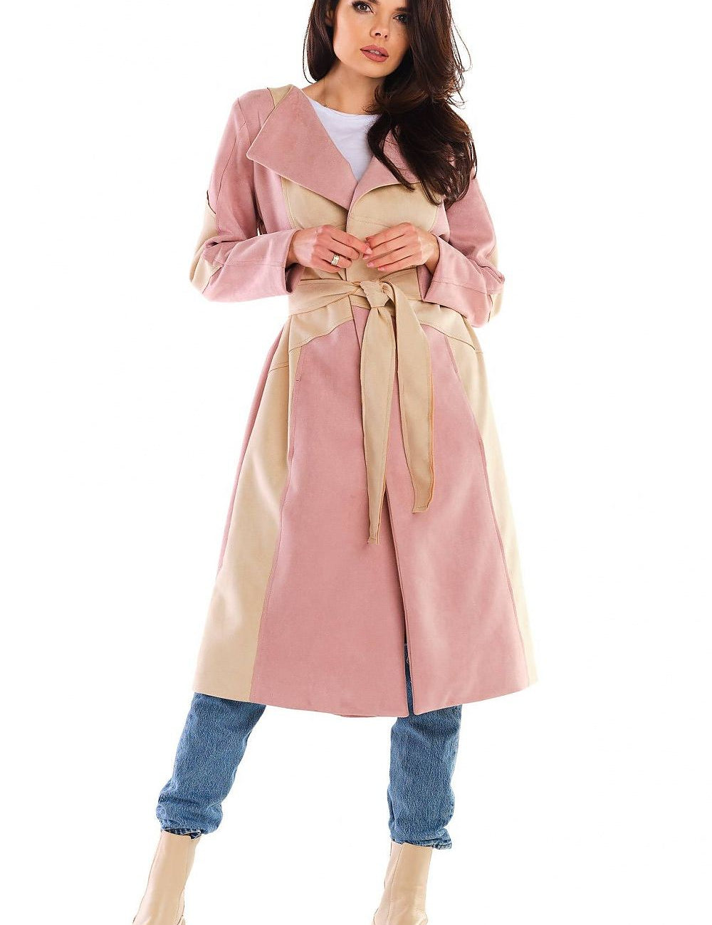 Model wearing Auralenne Long Suede-Effect Belted Coat in warm tones, highlighting waist, ideal for autumn, elegant and versatile style.