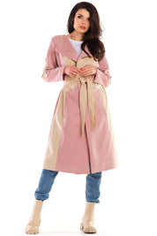 Model wearing Auralenne Long Suede-Effect Belted Coat in warm tones, highlighting waist, ideal for autumn, elegant and versatile style.