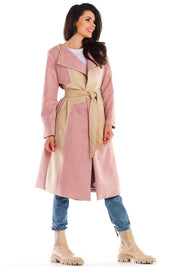 Auralenne long suede-effect belted coat in warm autumn tones, highlighting waist for an elegant silhouette, ideal for versatile styles.