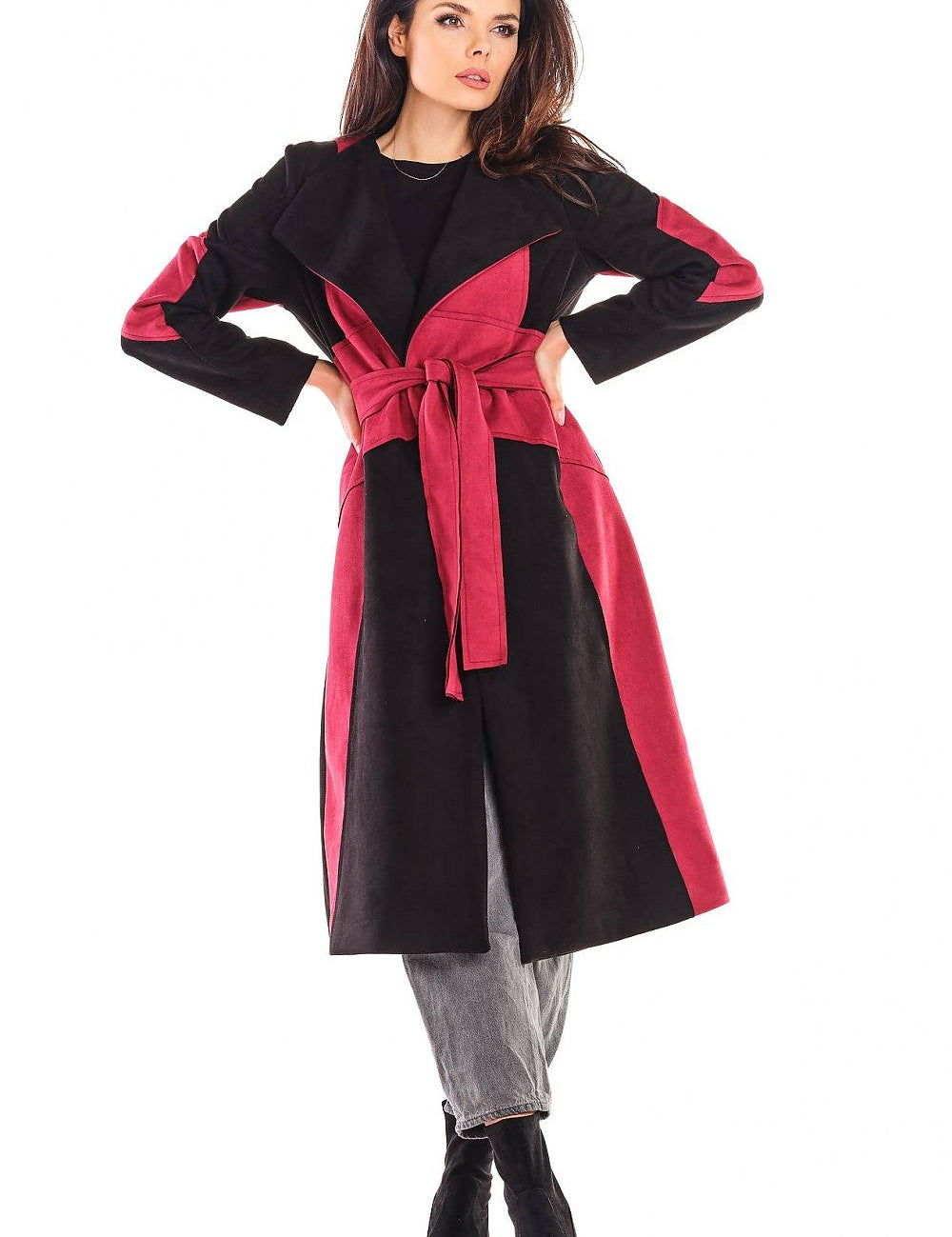 Model wearing Auralenne long suede belted coat in warm autumn tones with a flattering fit, ideal for refined or casual outings.