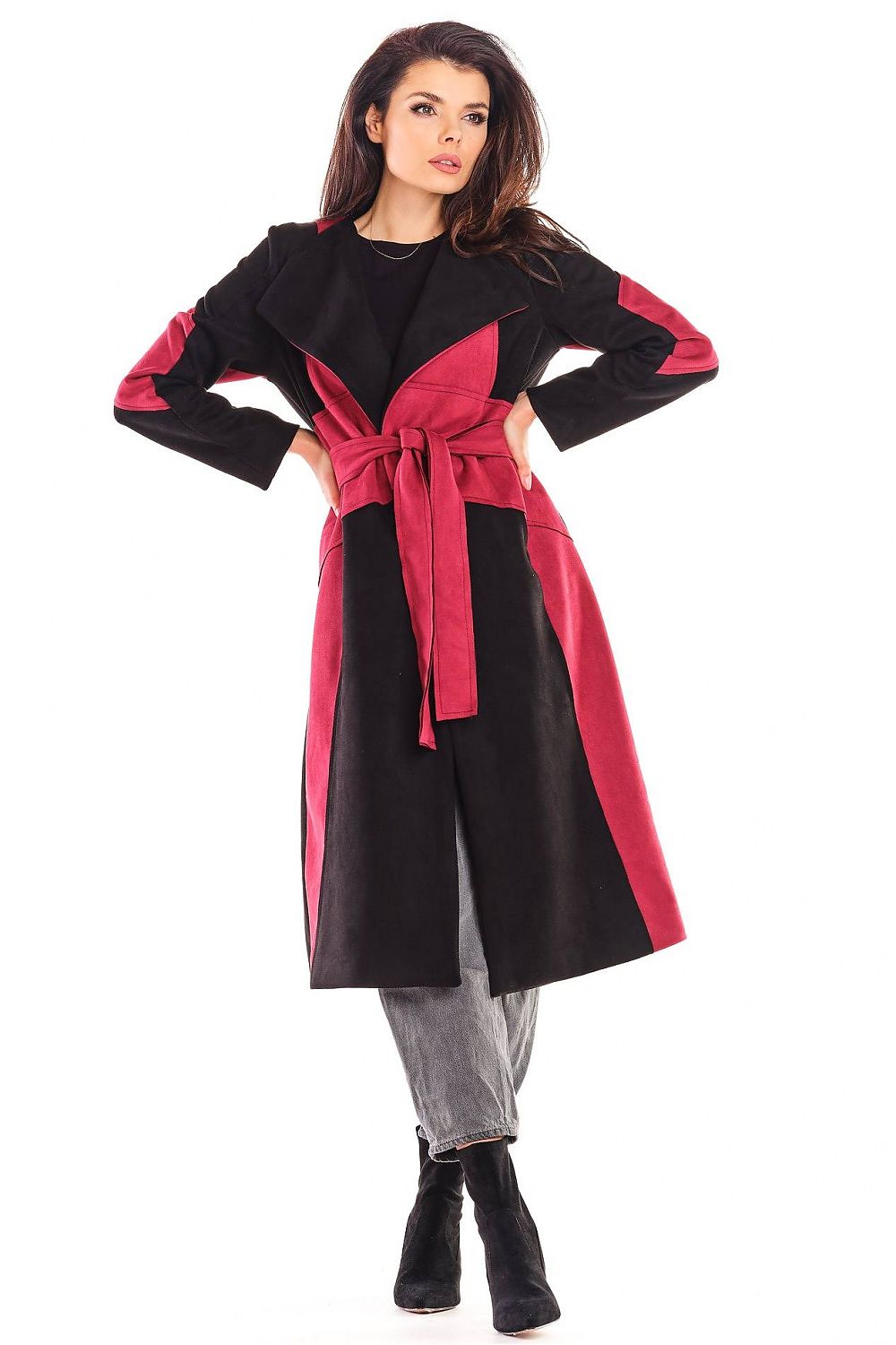 Model wearing Auralenne long suede belted coat in warm autumn tones with a flattering fit, ideal for refined or casual outings.