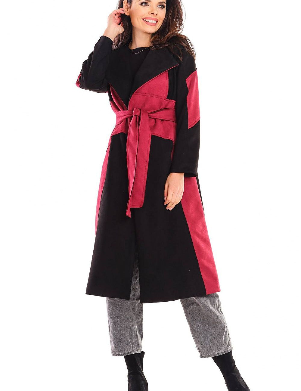 Model wearing Auralenne Long Suede Belted Coat in warm autumn tones, showcasing elegant flow and flattering fit, perfect for city strolls.