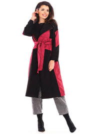 Model wearing Auralenne Long Suede Belted Coat in warm autumn tones, showcasing elegant flow and flattering fit, perfect for city strolls.