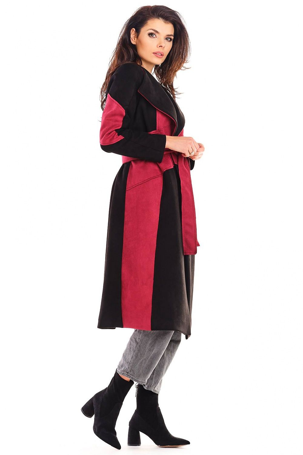 Auralenne long suede-effect belted coat in warm tones, worn by model, highlighting elegant silhouette, perfect for autumn fashion.