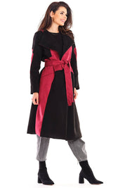 Auralenne long suede belted coat in black and red, showcasing a flattering fit and elegant silhouette for versatile autumn wear.