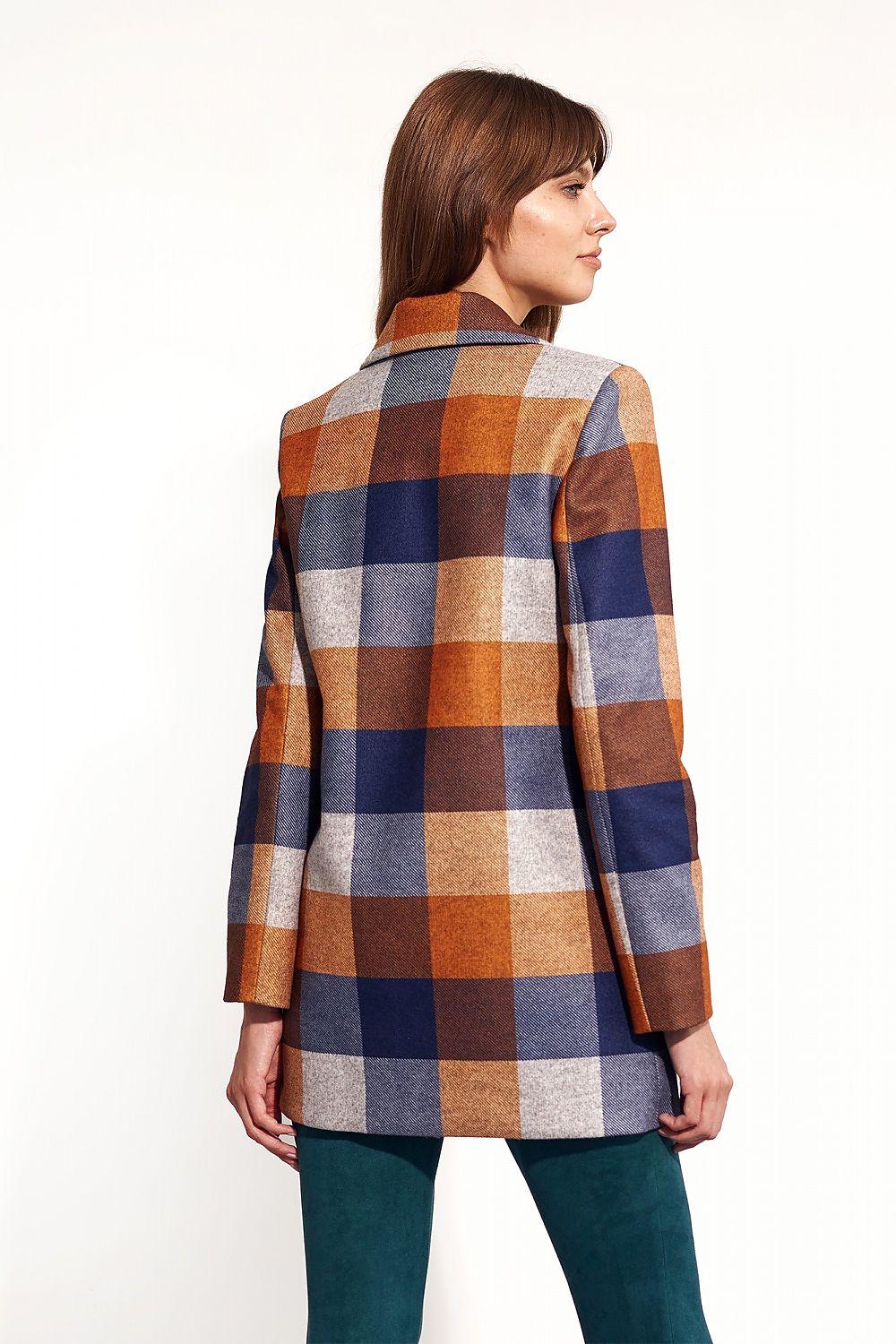 Back view of Maelvara checked double-breasted coat in earthy tones, featuring a classic notched collar and tailored silhouette.