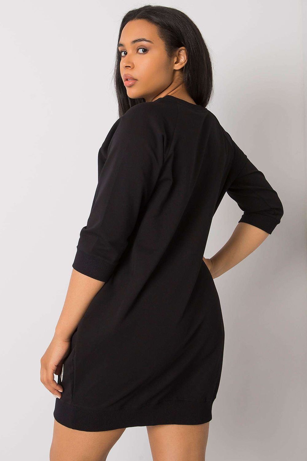 Plus Size Velissia Cotton Dress with 3/4 Sleeves and Side Pockets, Classic Black Silhouette for Comfortable Everyday Wear